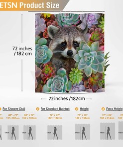 Raccoon and Cactus Flowers Vintage Bathroom Shower Curtain, Tropical Garden Plants Decor, Waterproof Fabric Bath Curtain