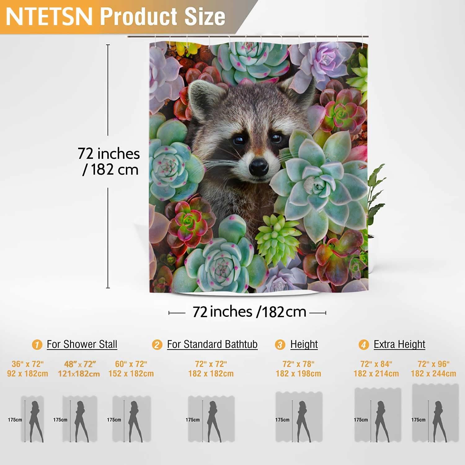 Raccoon and Cactus Flowers Vintage Bathroom Shower Curtain, Tropical Garden Plants Decor, Waterproof Fabric Bath Curtain
