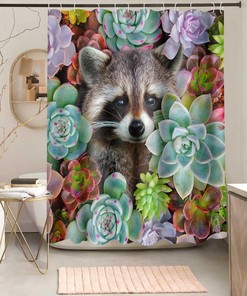 Raccoon and Cactus Flowers Vintage Bathroom Shower Curtain, Tropical Garden Plants Decor, Waterproof Fabric Bath Curtain