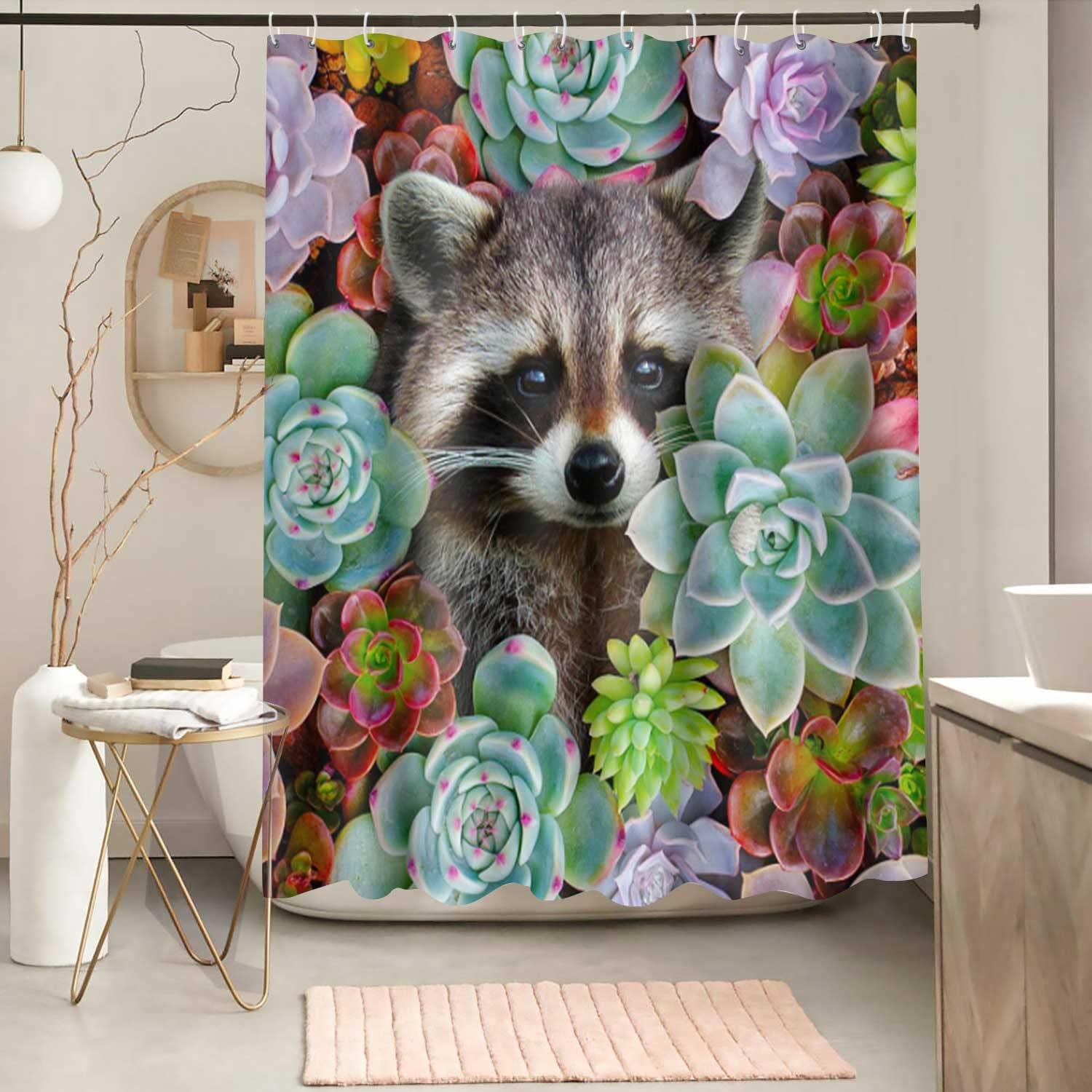 Raccoon and Cactus Flowers Vintage Bathroom Shower Curtain, Tropical Garden Plants Decor, Waterproof Fabric Bath Curtain
