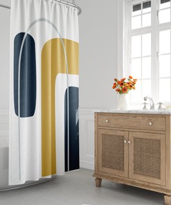 Rainbow Arch Geometric Shower Curtain, Mid-Century Modern Boho Bath Decor with Minimalist Abstract Design
