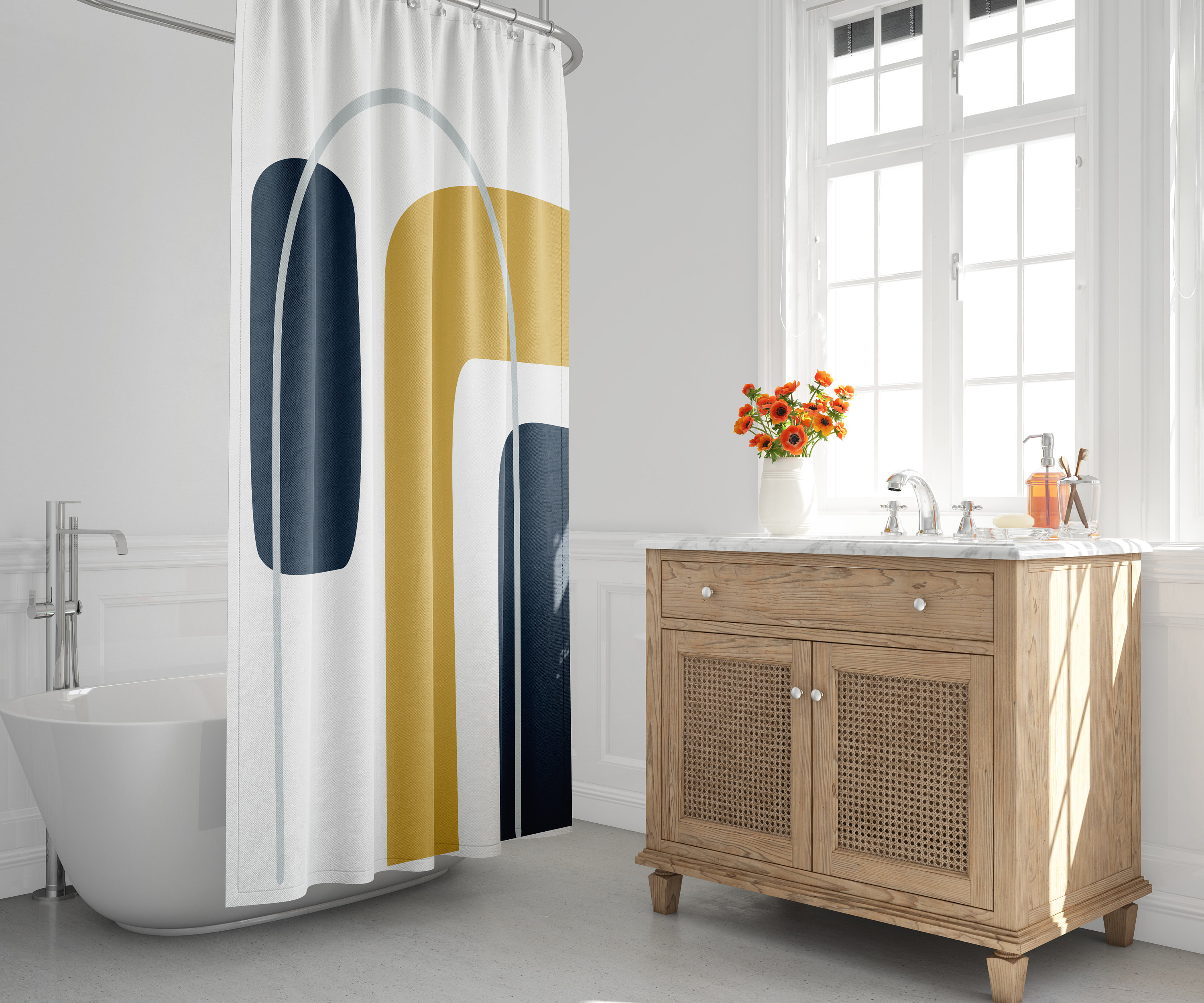 Rainbow Arch Geometric Shower Curtain, Mid-Century Modern Boho Bath Decor with Minimalist Abstract Design