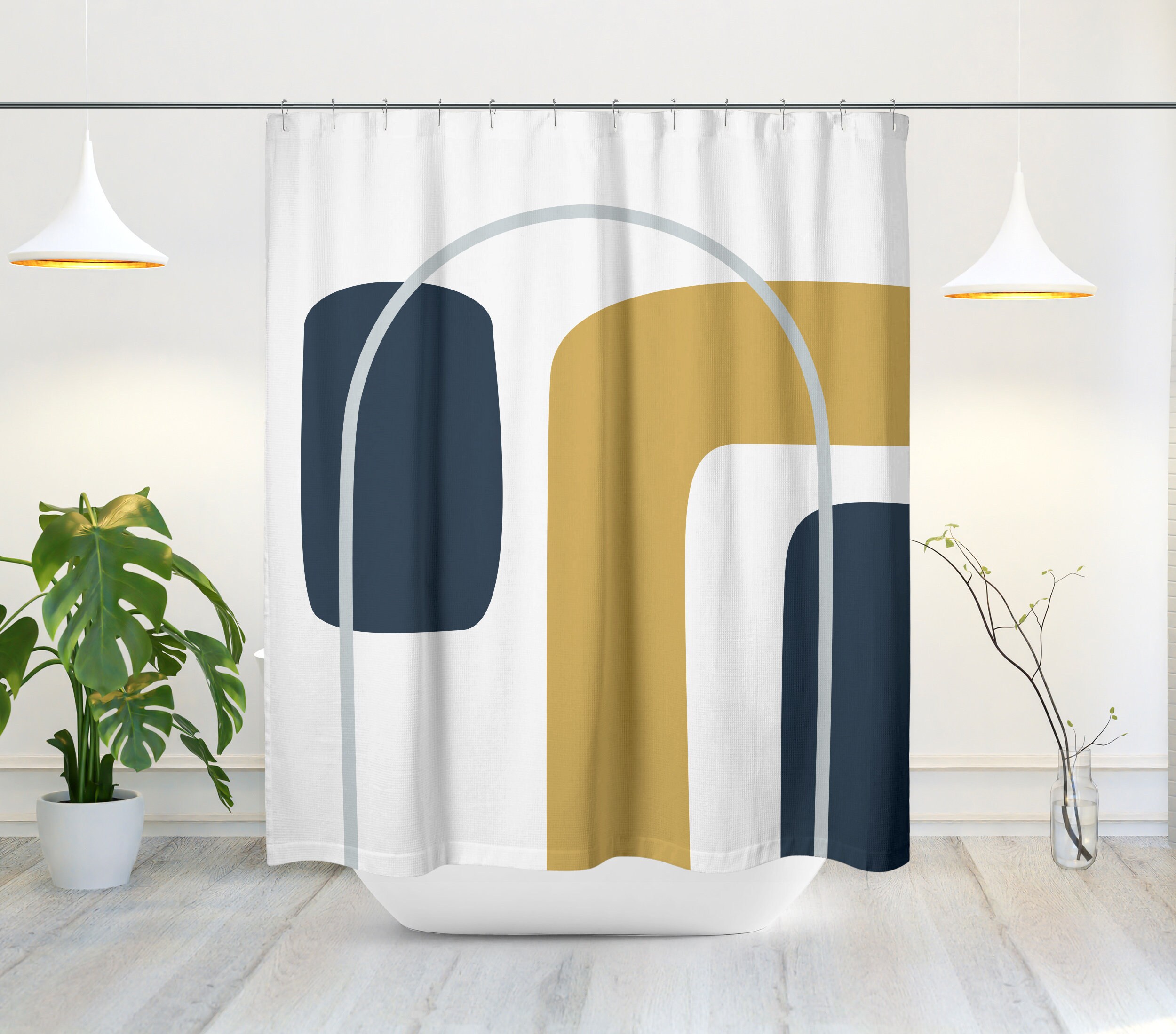 Rainbow Arch Geometric Shower Curtain, Mid-Century Modern Boho Bath Decor with Minimalist Abstract Design