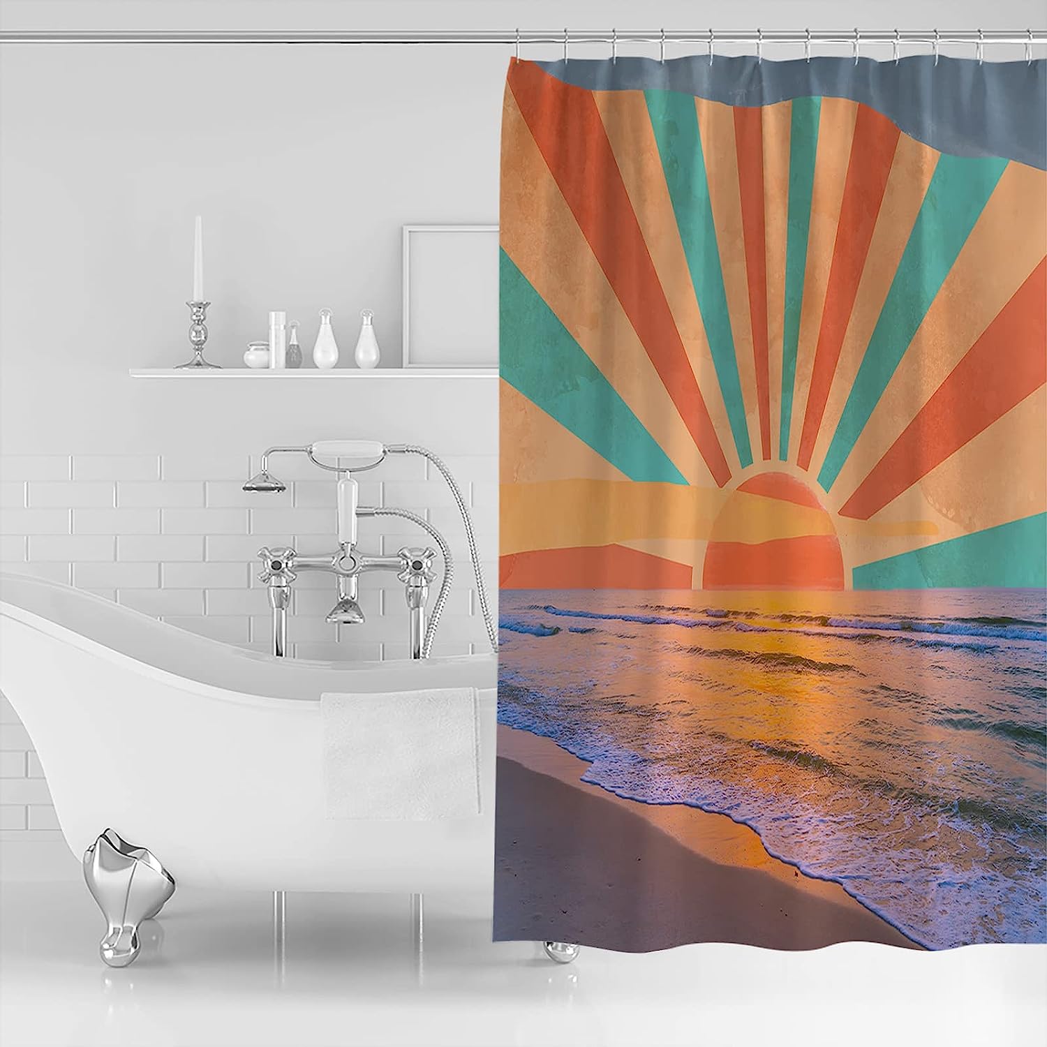 Rainbow Beach Sunset Shower Curtain, Waterproof and Washable Bathroom Decor