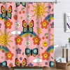 Rainbow Butterfly Shower Curtain - 70S Retro Groovy Floral Bath Decor With Cartoon Sun And Pink Water Resistant Fabric