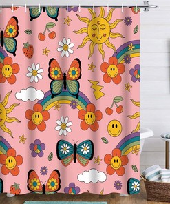 Rainbow Butterfly Shower Curtain - 70S Retro Groovy Floral Bath Decor With Cartoon Sun And Pink Water Resistant Fabric