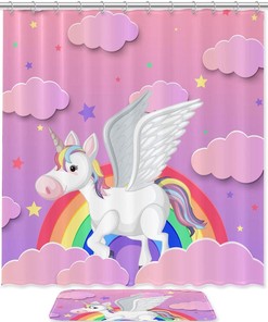 Rainbow Clouds And Cute Unicorn Shower Set With Bathroom Accessories And Fabric Curtains