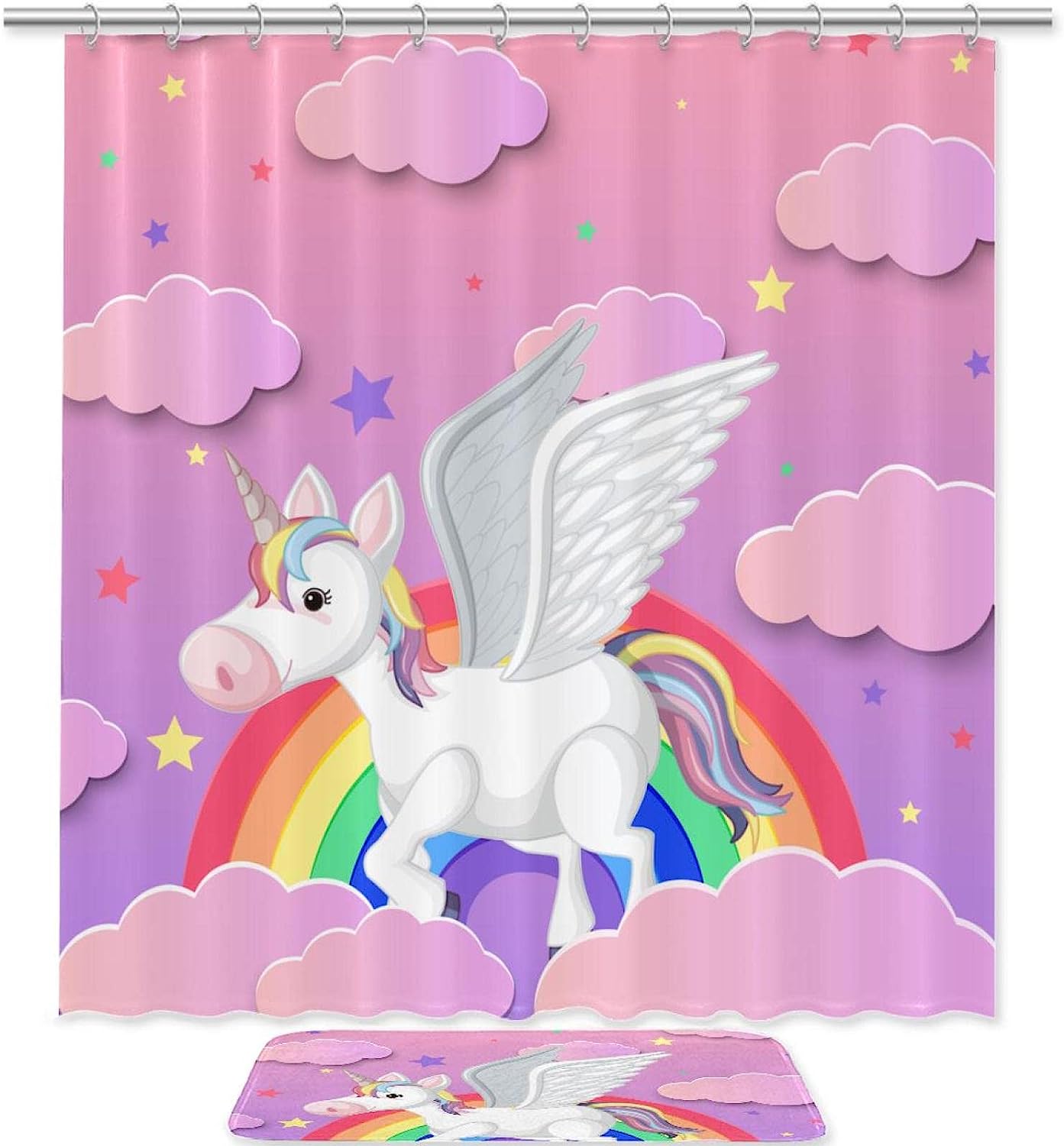 Rainbow Clouds And Cute Unicorn Shower Set With Bathroom Accessories And Fabric Curtains