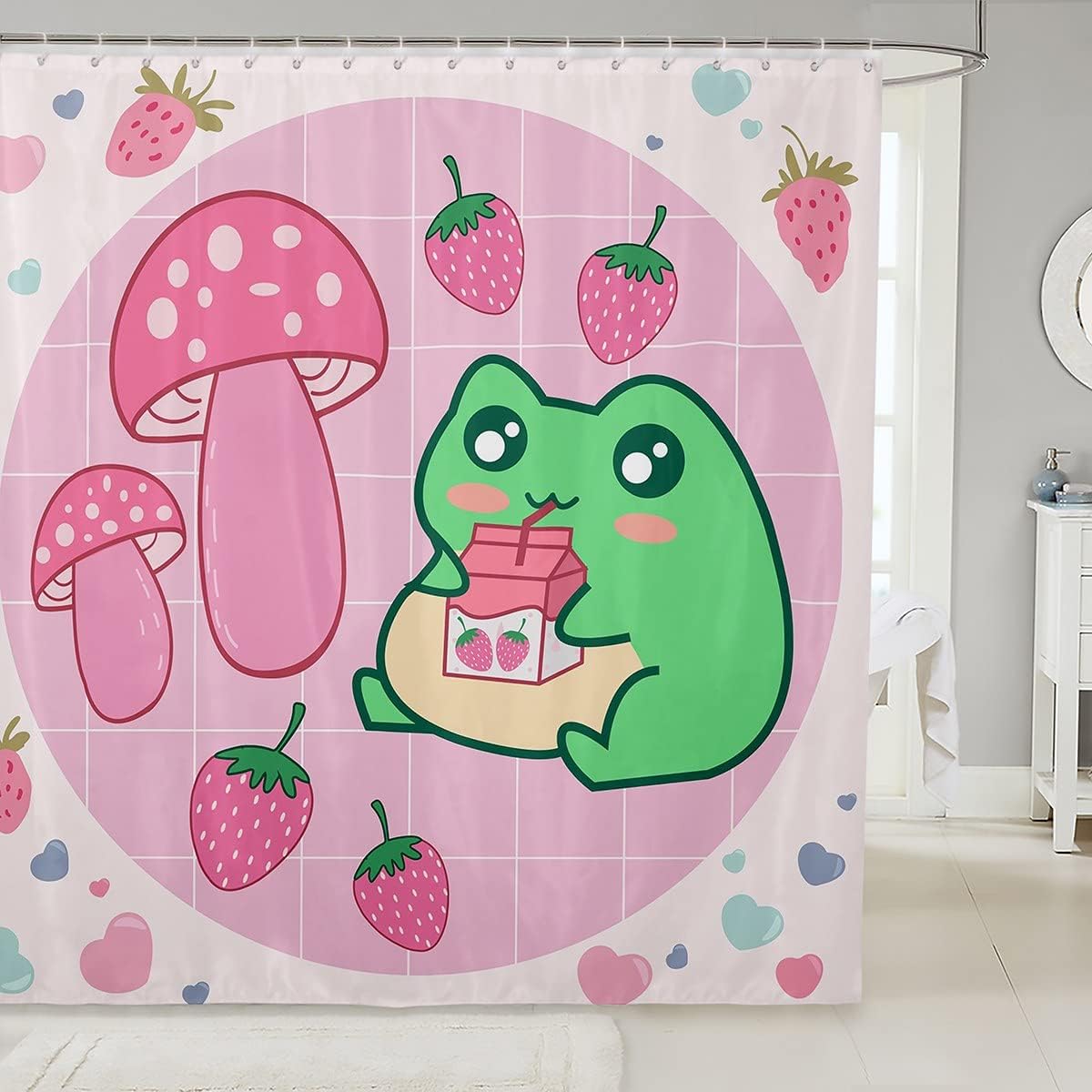Rainbow Clouds And Grids Cartoon Frog Shower Curtain For Your Bathroom Decor