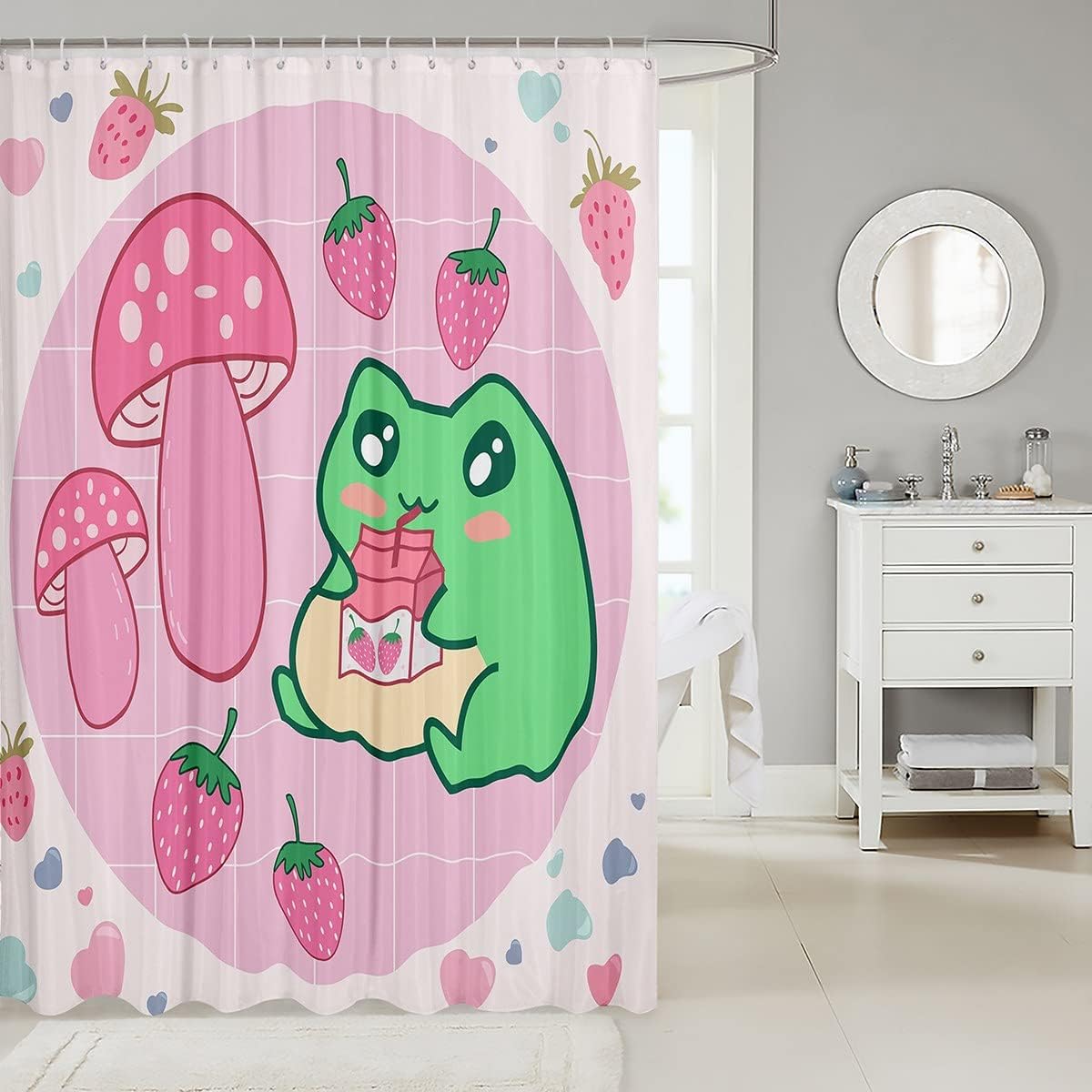 Rainbow Clouds And Grids Cartoon Frog Shower Curtain For Your Bathroom Decor - Image 2