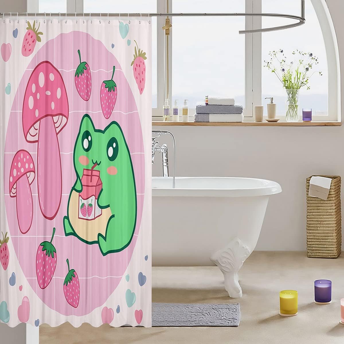 Rainbow Clouds And Grids Cartoon Frog Shower Curtain For Your Bathroom Decor - Image 3