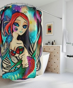 Rainbow Colored Mermaid Art Shower Curtain - Abstract Art Design Print for Modern Bathroom Decor 