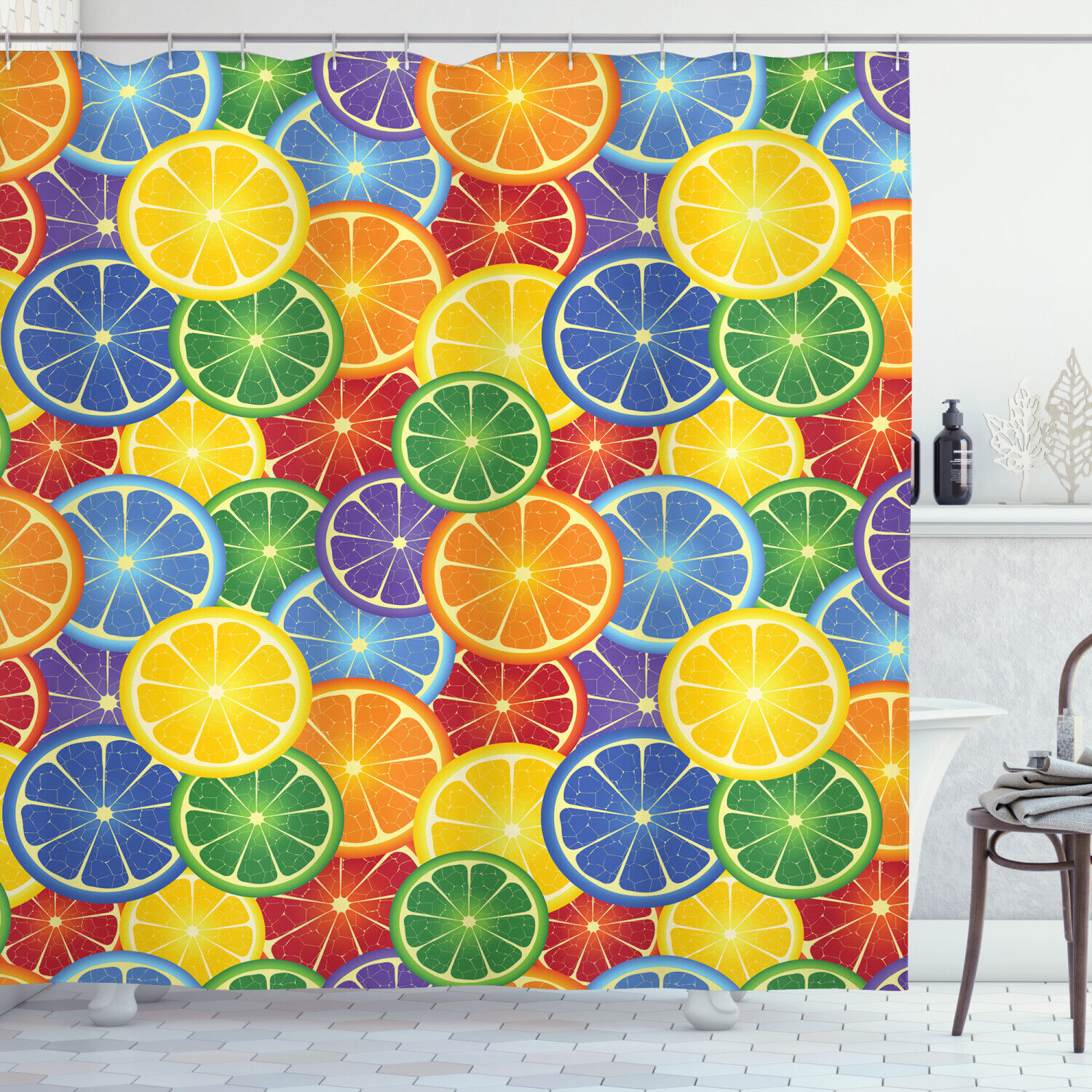 Rainbow Colored Tropical Fruit Print Shower Curtain, Add a Pop of Color to Your Shower