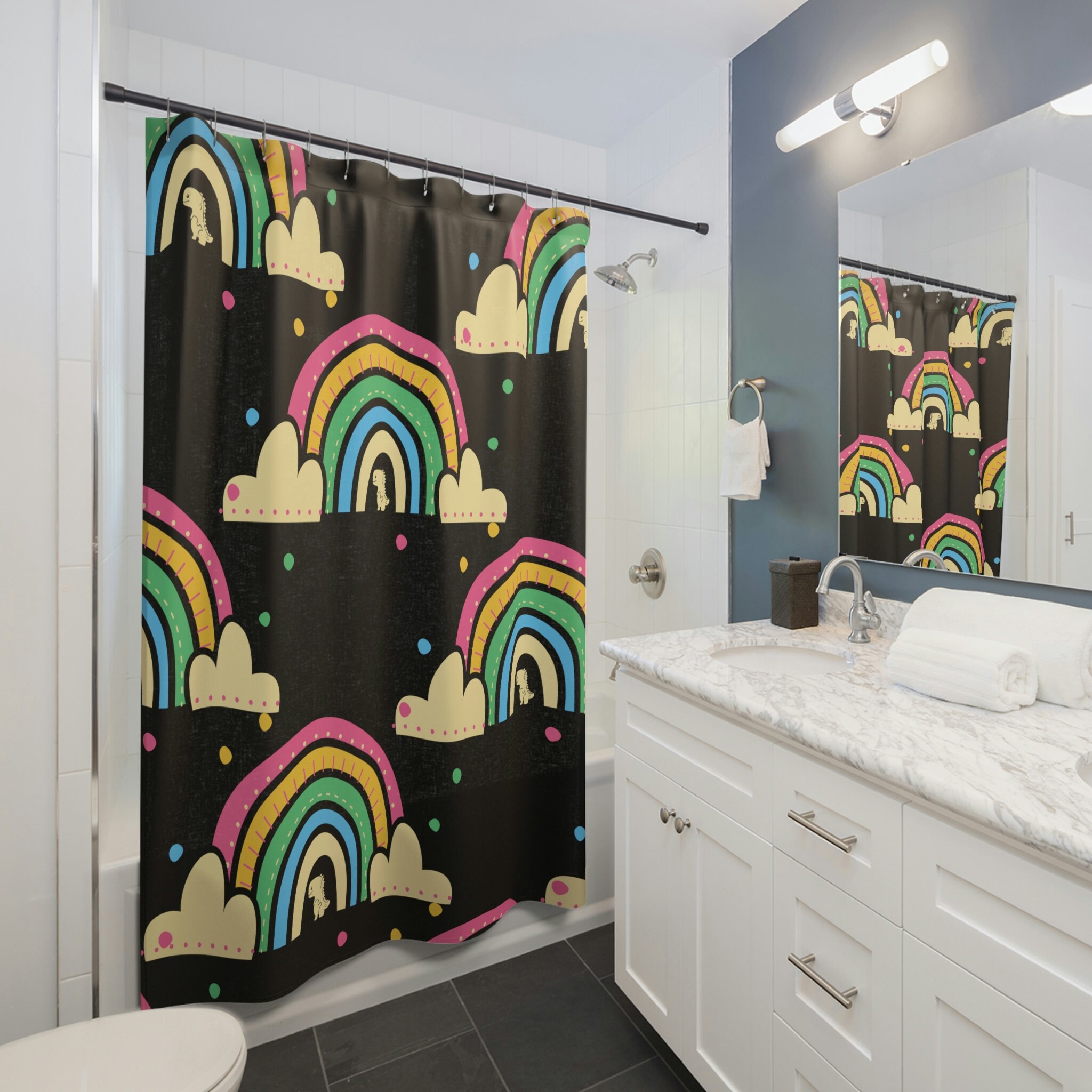 Rainbow Dinosaur Shower Curtain For A Playful Kids' Bathroom Decor - Image 2