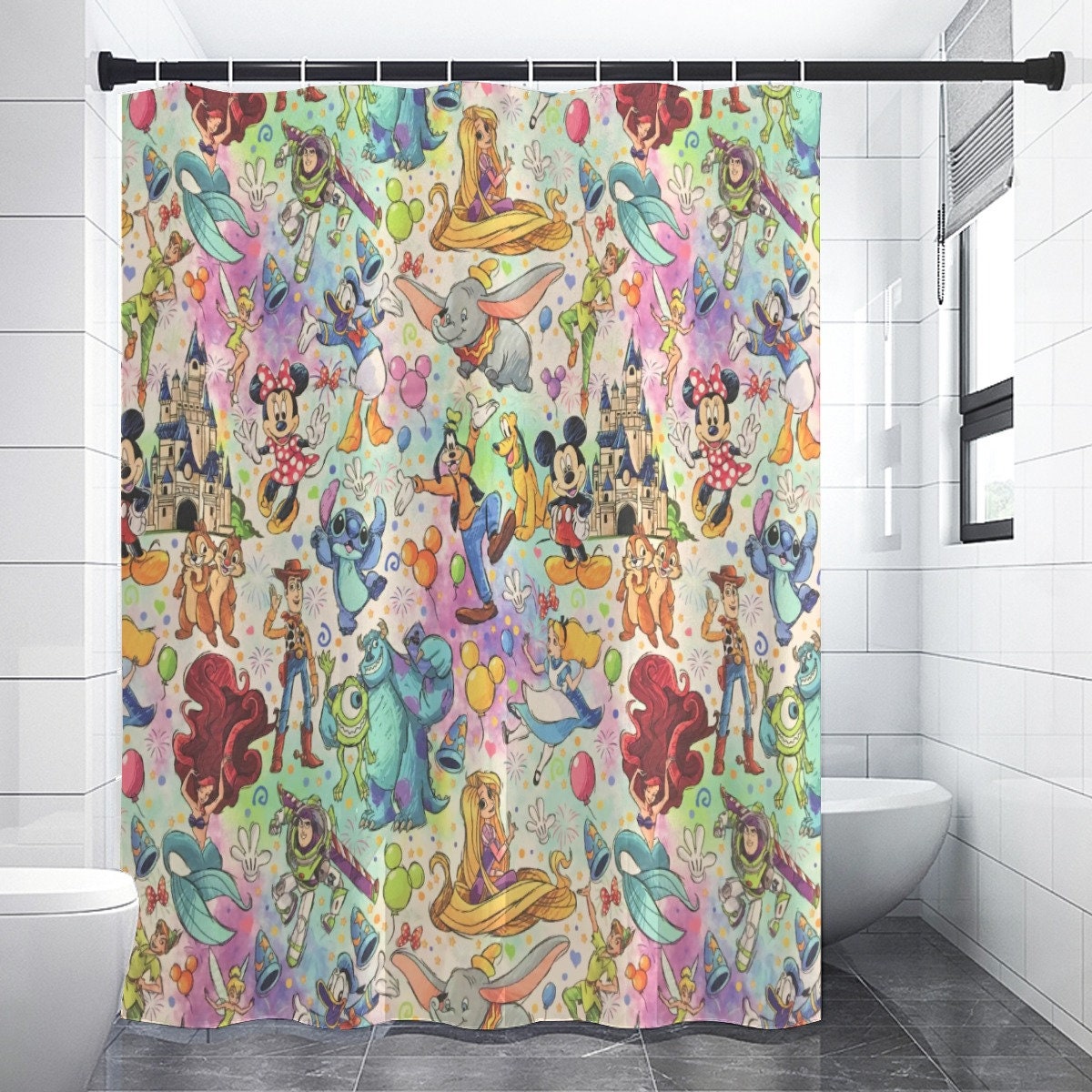 Rainbow Disney Character Collage Shower Curtain For A Colorful Bathroom
