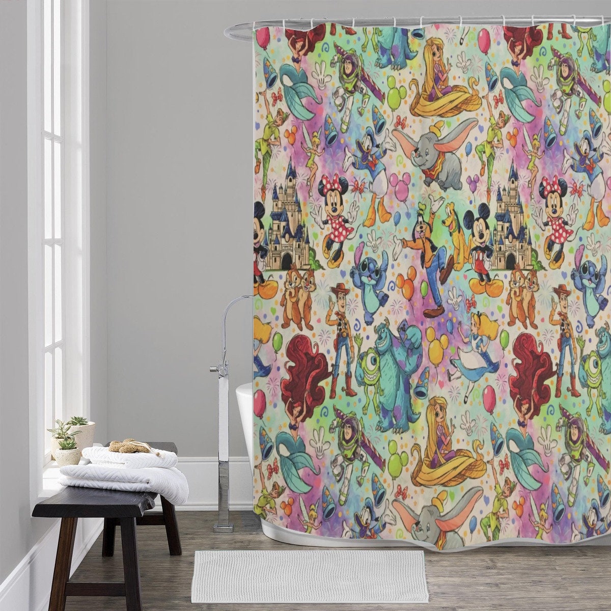 Rainbow Disney Character Collage Shower Curtain For A Colorful Bathroom - Image 2