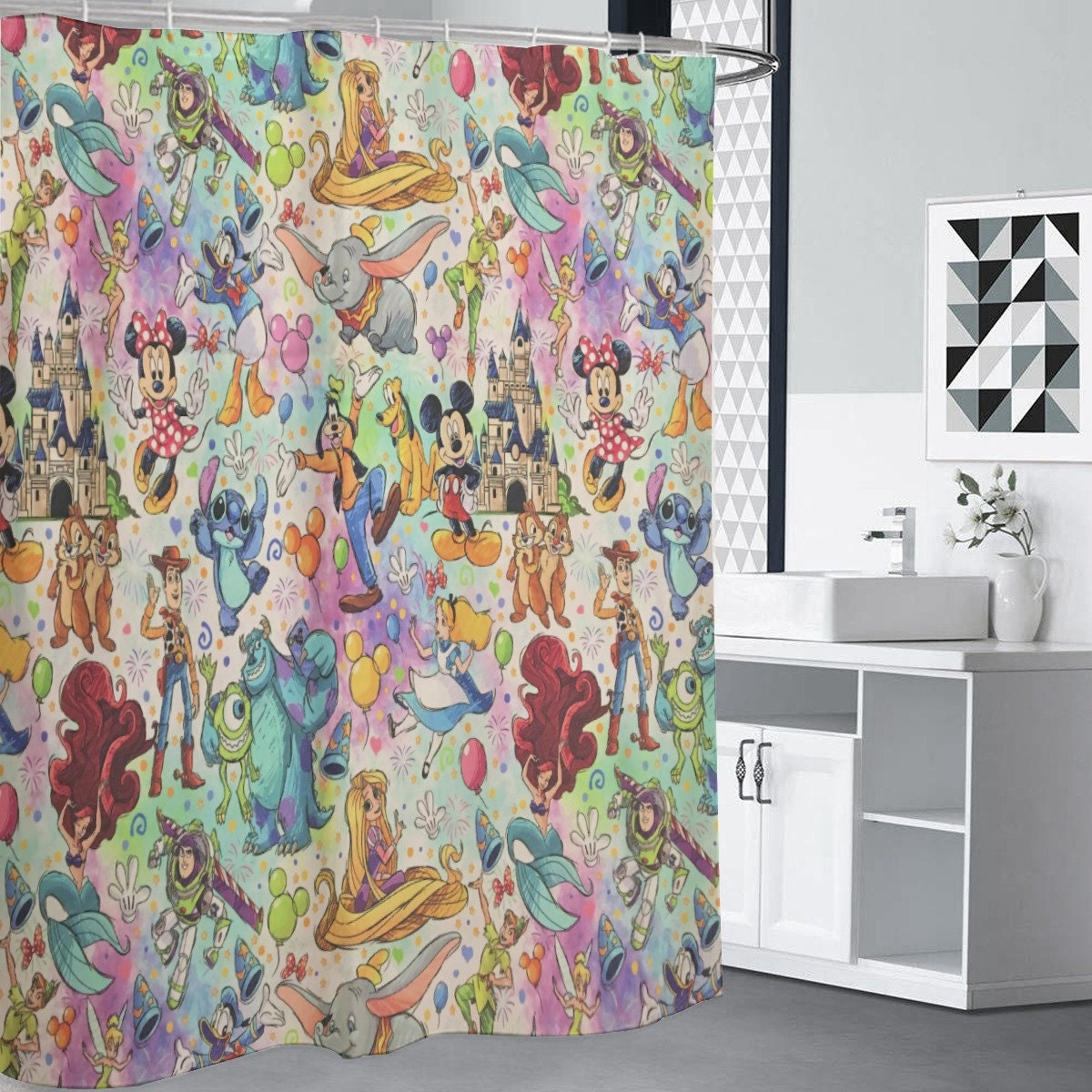 Rainbow Disney Character Collage Shower Curtain For A Colorful Bathroom - Image 3