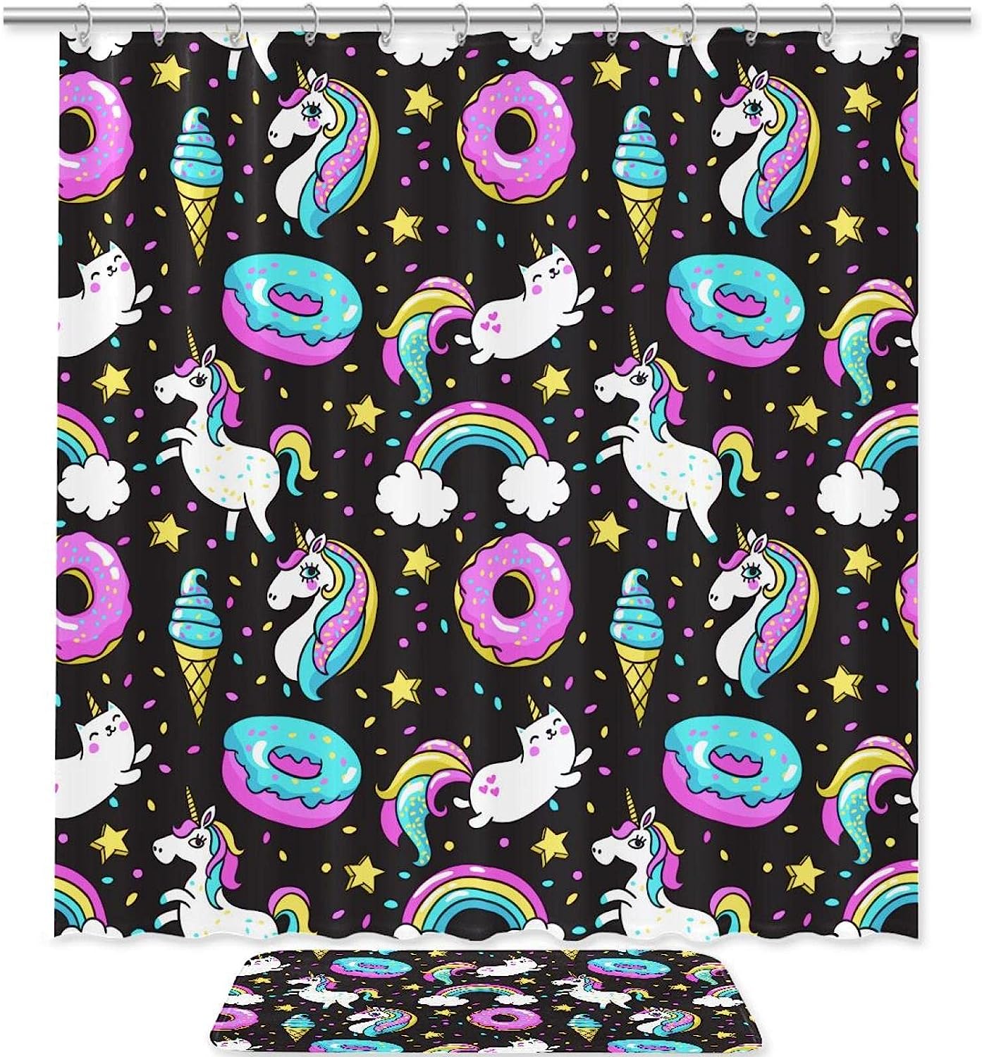 Rainbow Donut Unicorn Print Shower Curtain for those who want a sweet and colorful bathroom experience