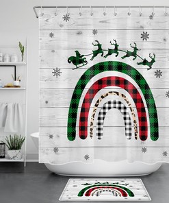 Rainbow Elk Christmas Shower Curtain Rustic Check Plaid Bathroom Decorations