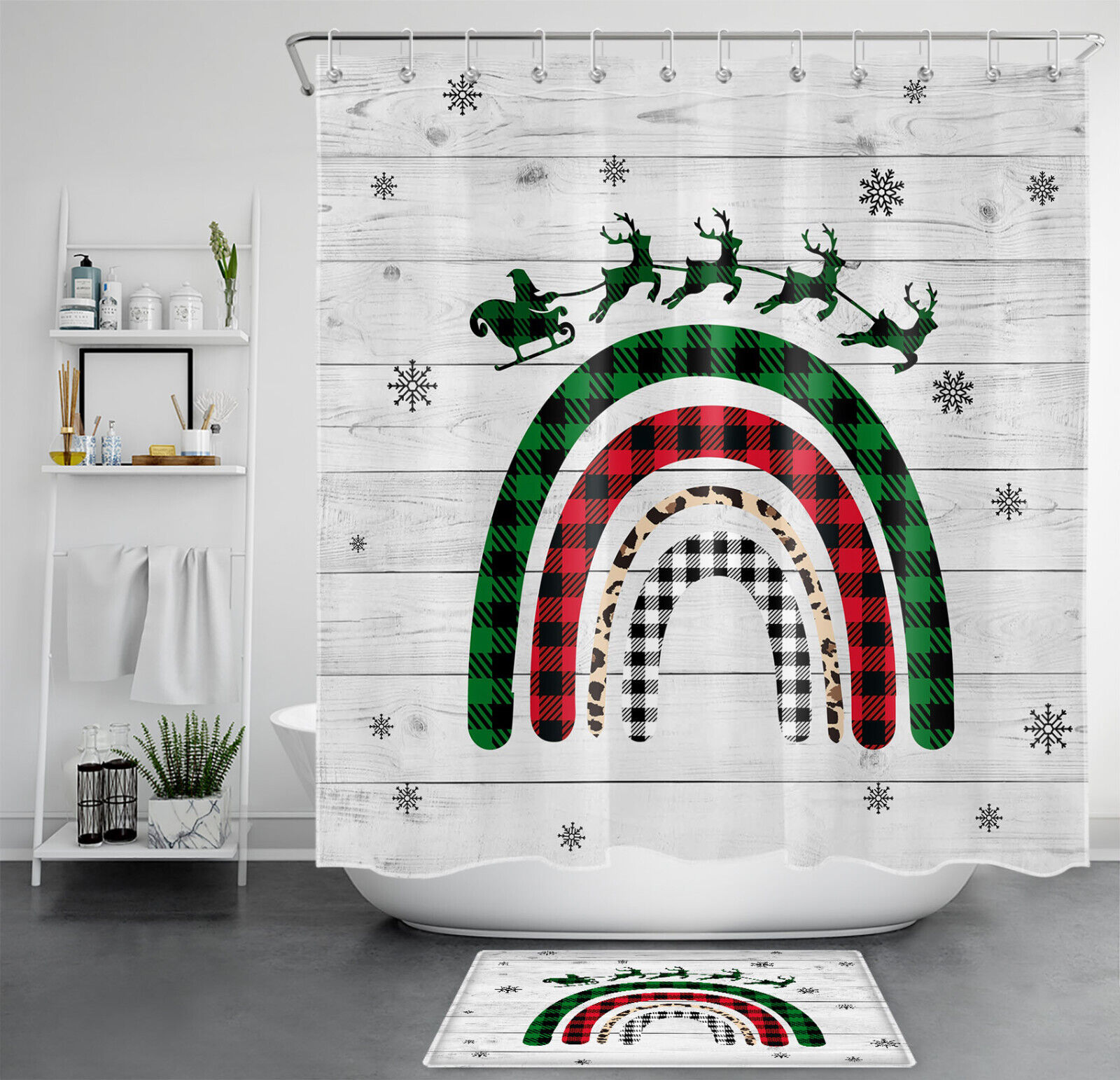 Rainbow Elk Christmas Shower Curtain Rustic Check Plaid Bathroom Decorations