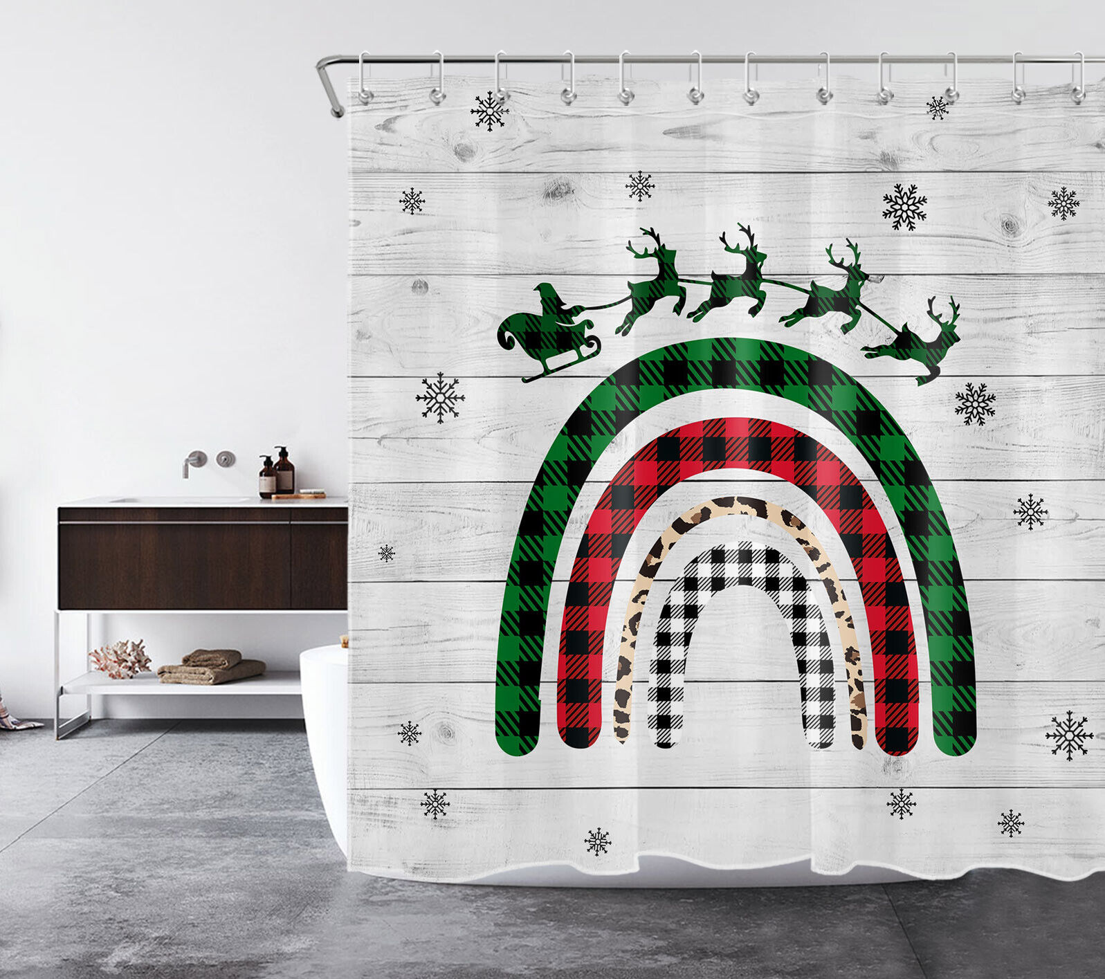 Rainbow Elk Christmas Shower Curtain Rustic Check Plaid Bathroom Decorations