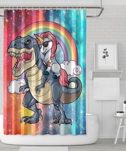 Rainbow Fantasy Animal Cute Unicorn Riding Dinosaur Shower Curtain For Kids Bathroom Decor.