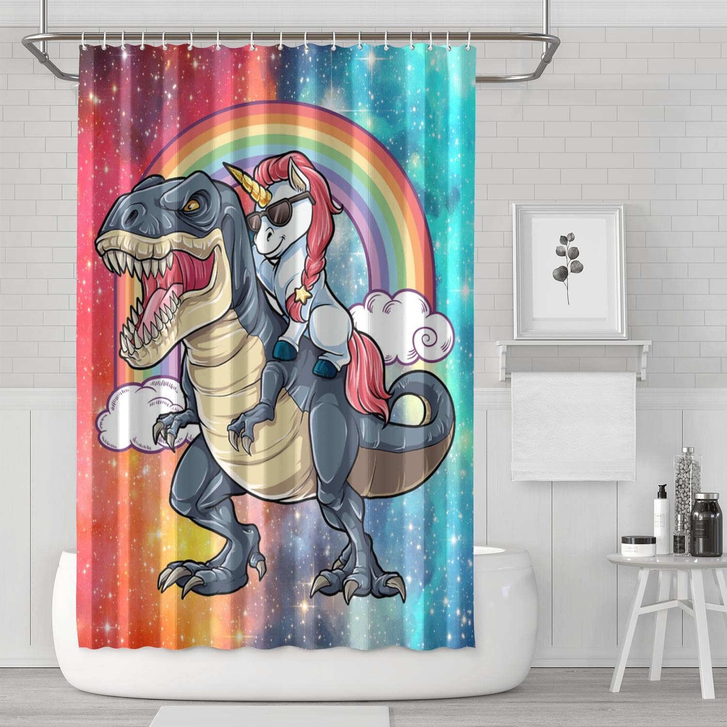 Rainbow Fantasy Animal Cute Unicorn Riding Dinosaur Shower Curtain For Kids Bathroom Decor.
