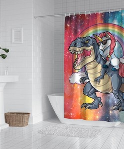 Rainbow Fantasy Animal Cute Unicorn Riding Dinosaur Shower Curtain For Kids Bathroom Decor.