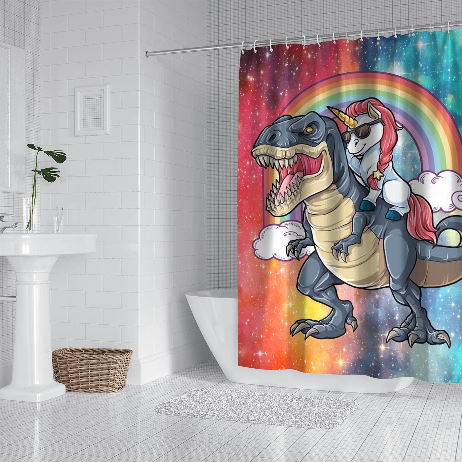 Rainbow Fantasy Animal Cute Unicorn Riding Dinosaur Shower Curtain For Kids Bathroom Decor.