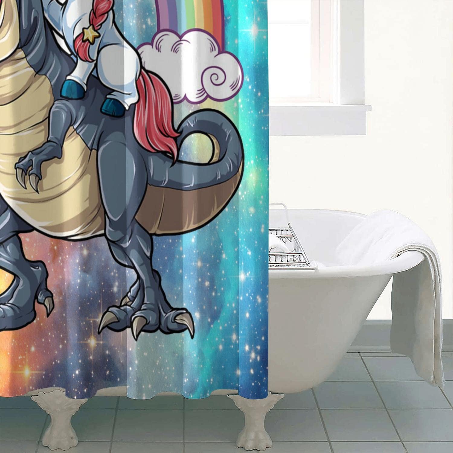 Rainbow Fantasy Animal Cute Unicorn Riding Dinosaur Shower Curtain For Kids Bathroom Decor.