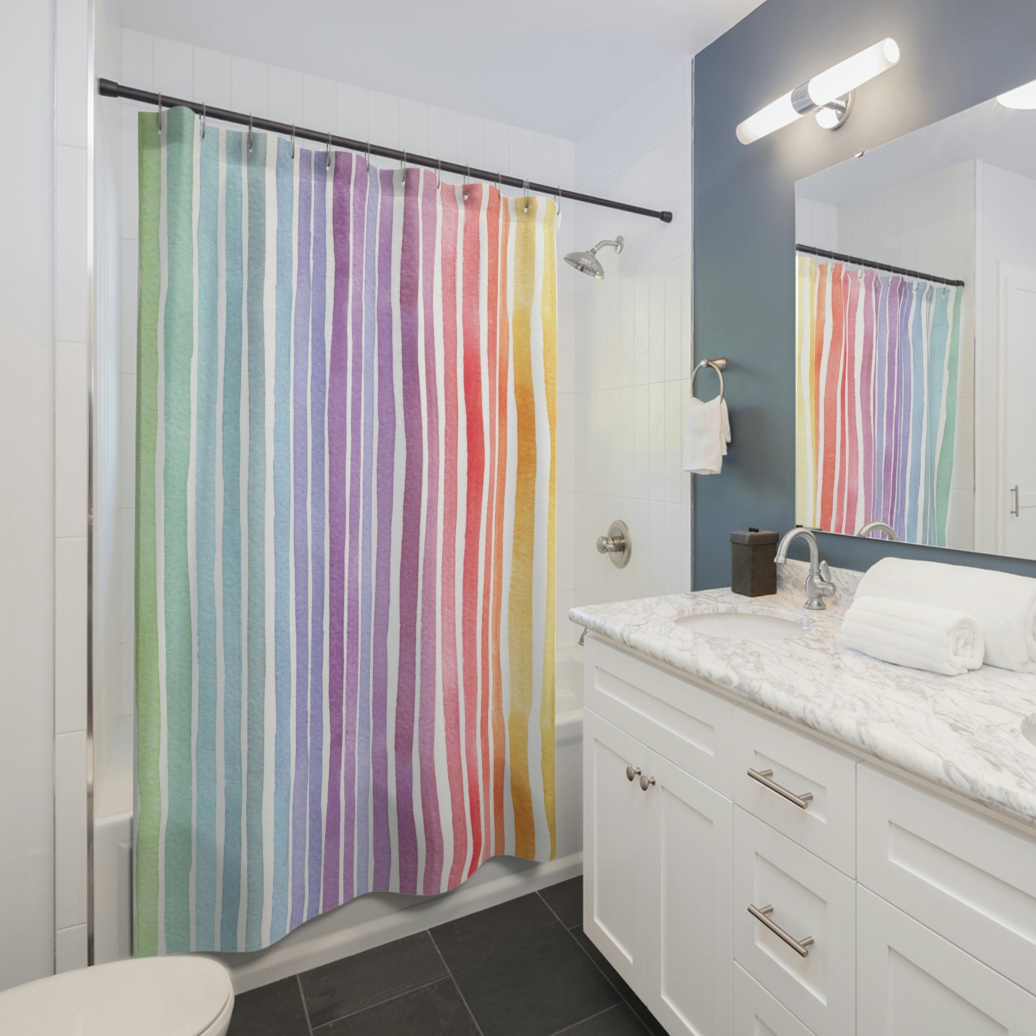Rainbow Geometric Watercolor Shower Curtain, Colorful Bathroom Accessory