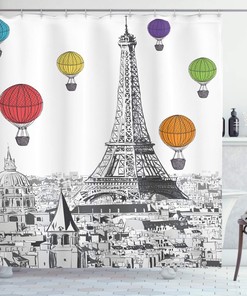Rainbow Hot Air Balloons Shower Curtain, Greyscale Eiffel Tower Print, Cloth Bathroom Decor
