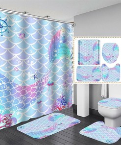 Rainbow Mermaid Scale Shower Curtain Set For Colorful Bathroom.