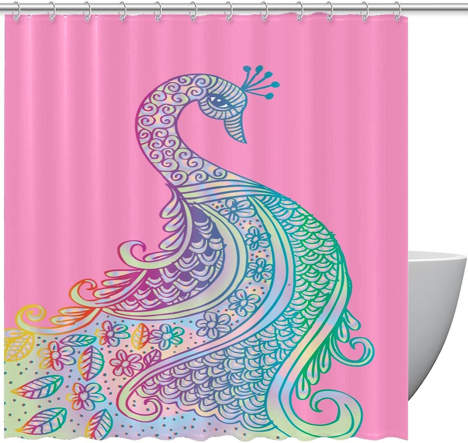 Rainbow Peacock Floral Animal Fabric Shower Curtain for Bathroom Decor