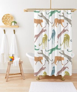 Rainbow Pink Boho Leopard Shower Curtain for Aesthetic & Preppy Bathroom Decor
