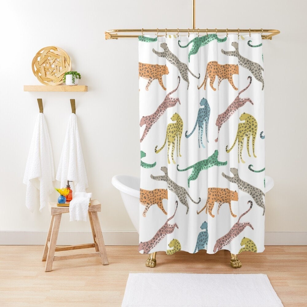 Rainbow Pink Boho Leopard Shower Curtain for Aesthetic & Preppy Bathroom Decor