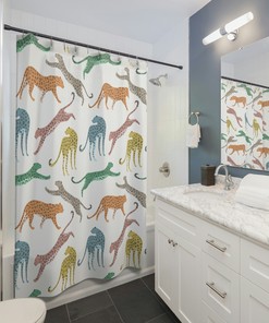 Rainbow Pink Boho Leopard Shower Curtain for Aesthetic & Preppy Bathroom Decor