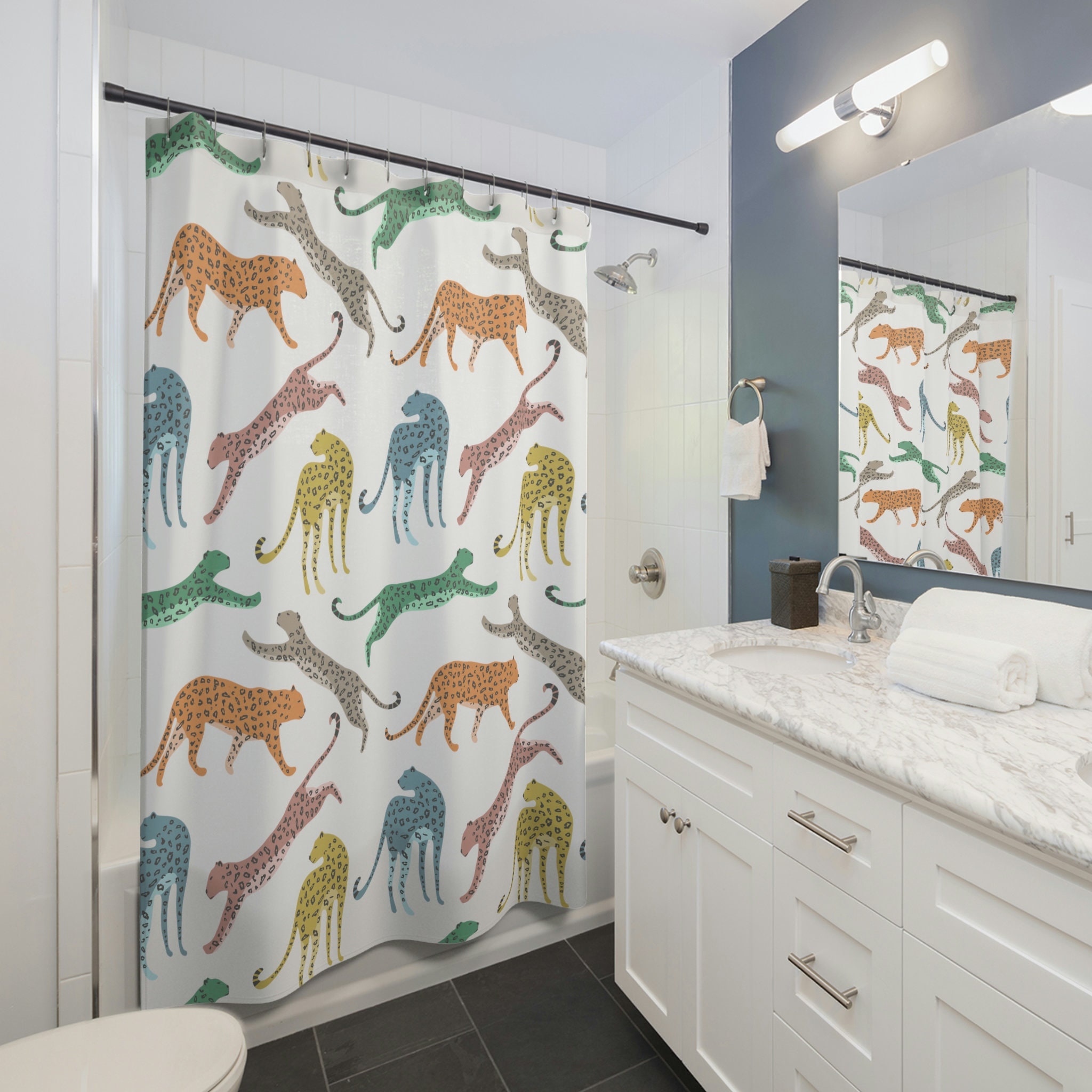 Rainbow Pink Boho Leopard Shower Curtain for Aesthetic & Preppy Bathroom Decor