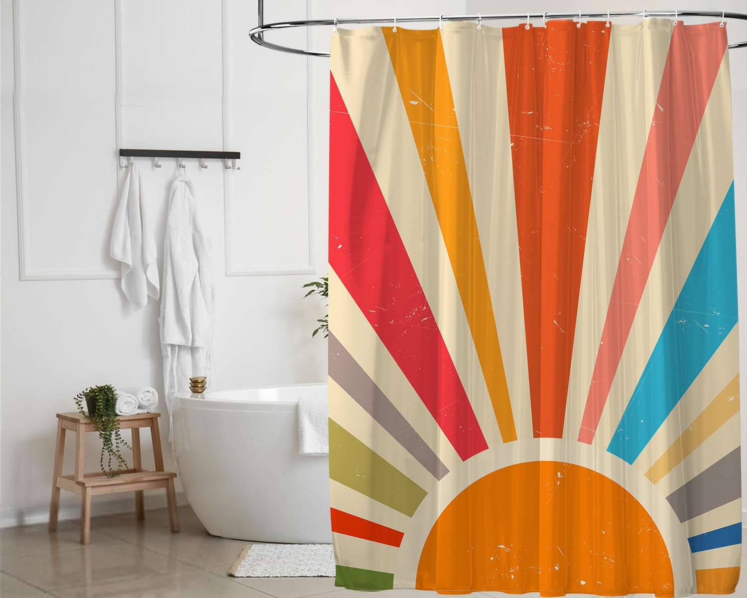 Rainbow Shower Curtain With Abstract Sun Design And Personalized Gift Option For Vintage Bathroom Decor