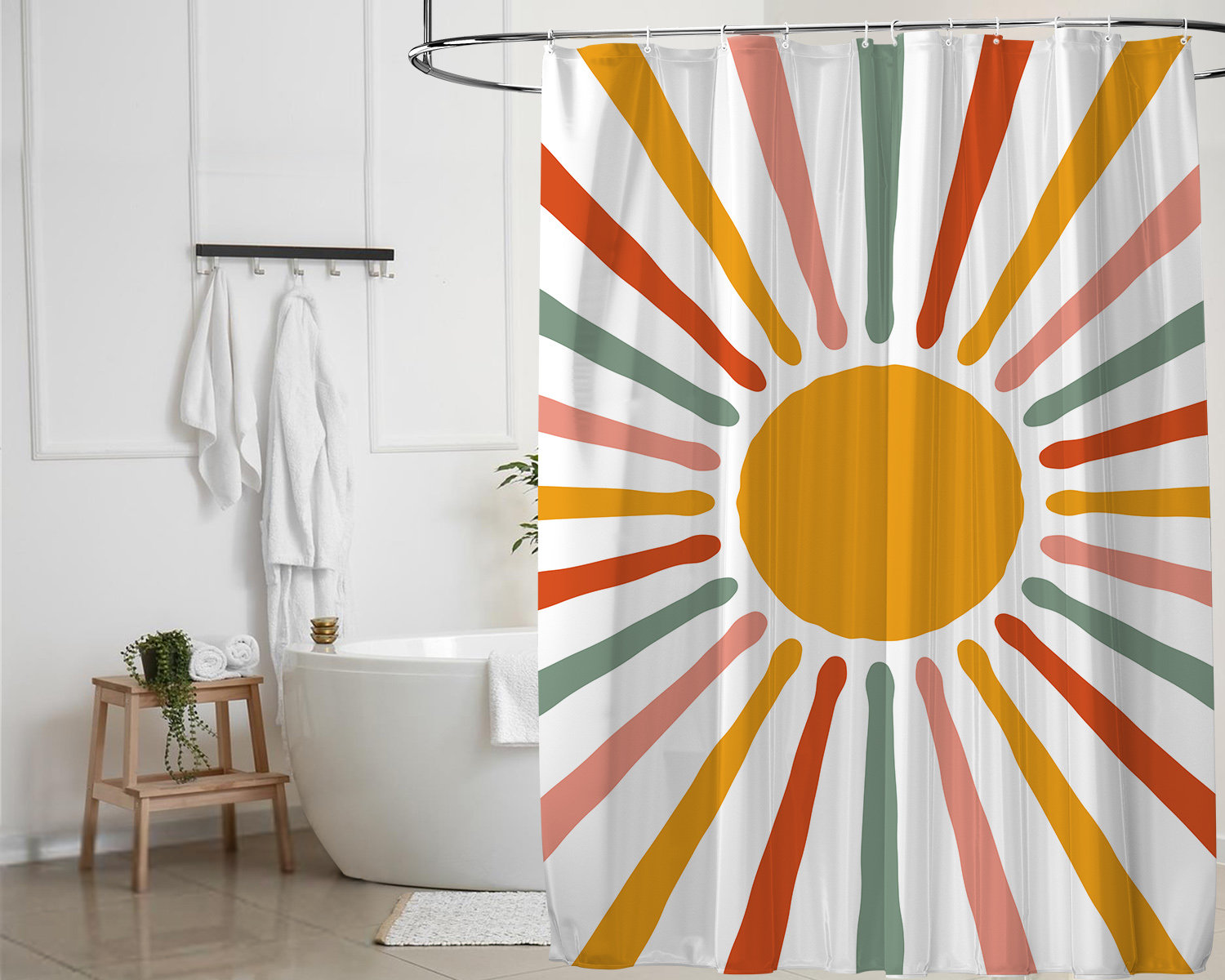 Rainbow Shower Curtain With Abstract Sun Design And Personalized Gift Option For Vintage Bathroom Decor - Image 2