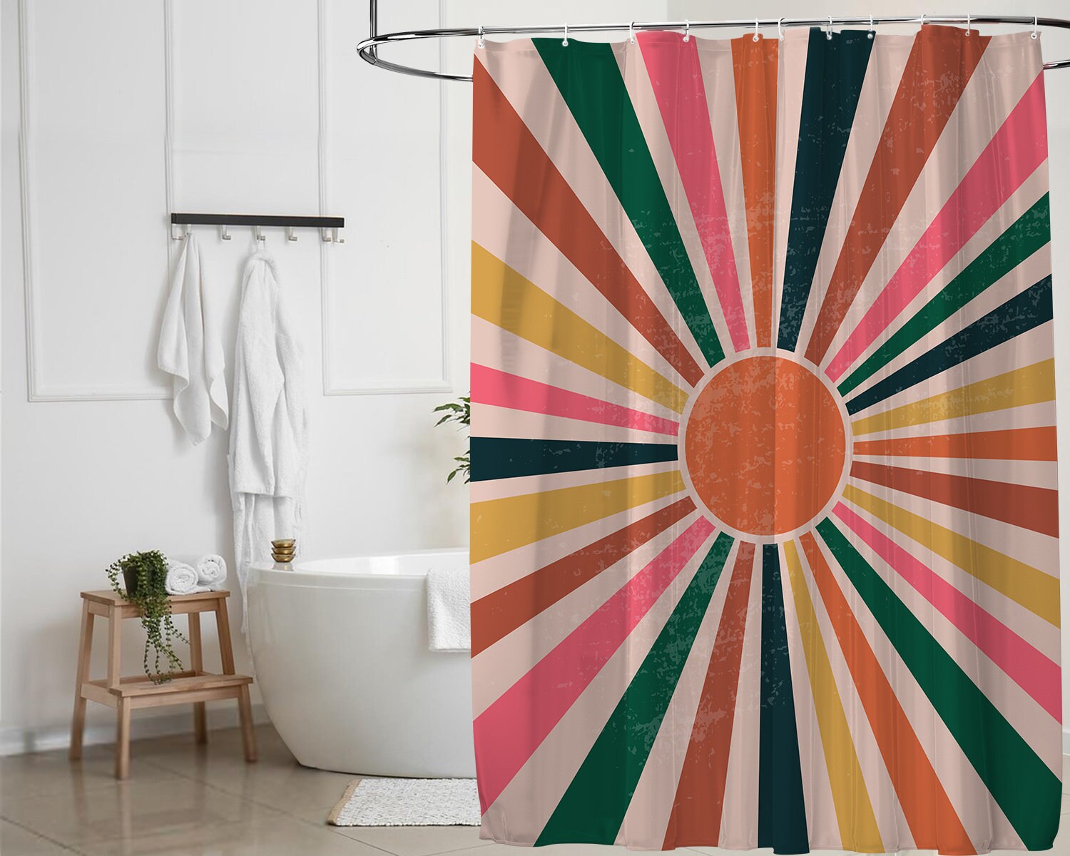 Rainbow Shower Curtain With Abstract Sun Design And Personalized Gift Option For Vintage Bathroom Decor - Image 3