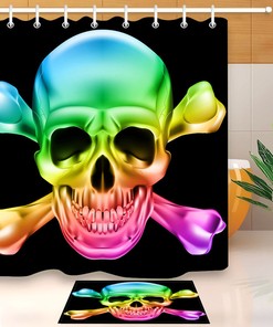 Rainbow Skull and Crossbones Shower Curtain - Waterproof Fabric Bathroom Decor with Bathroom Mat