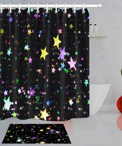Rainbow Stars Print Shower Curtain In Black Background, Ideal For Any Quirky And Fun Bathroom Decor