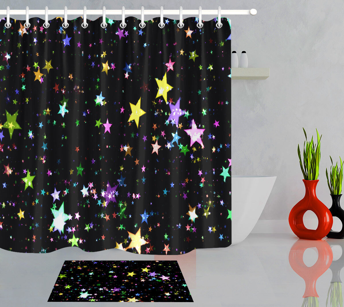 Rainbow Stars Print Shower Curtain In Black Background, Ideal For Any Quirky And Fun Bathroom Decor