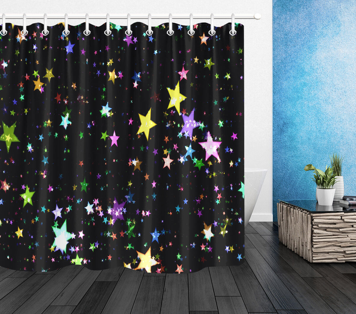 Rainbow Stars Print Shower Curtain In Black Background, Ideal For Any Quirky And Fun Bathroom Decor - Image 2