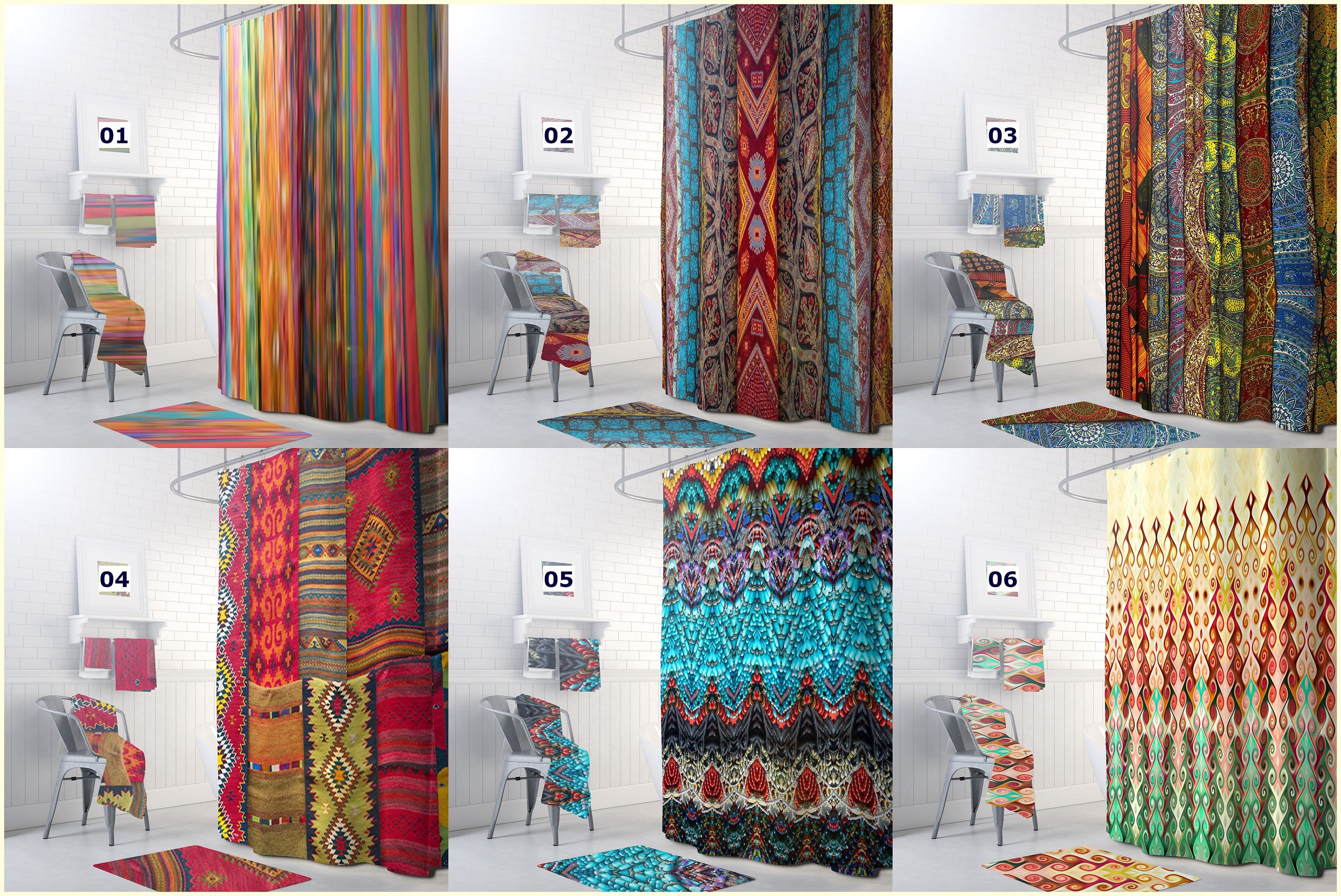 Rainbow Stripe Bathroom Decor Boho Colorful Shower Curtain