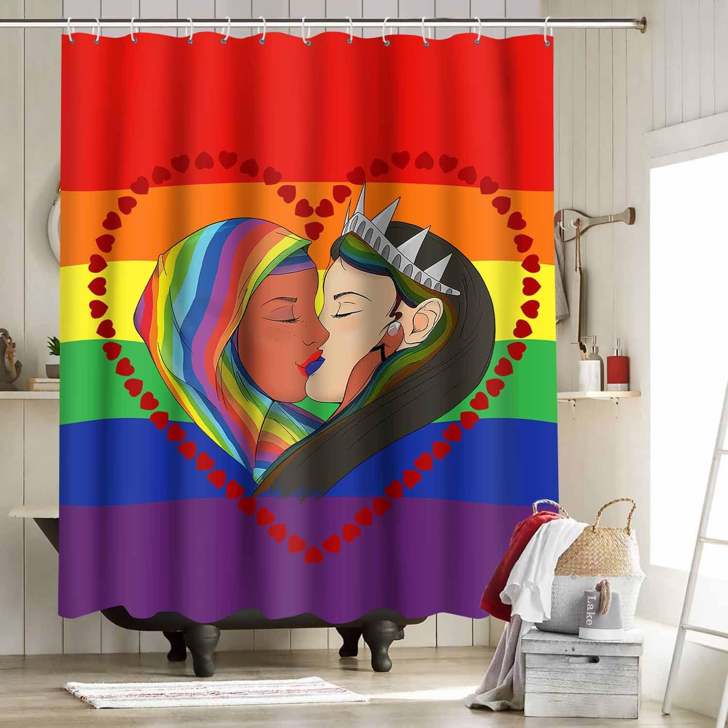Rainbow Stripes Kiss Shower Curtain - African American Girl Bathroom Decor