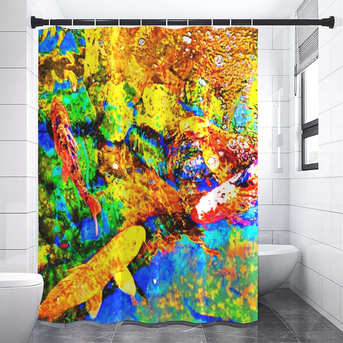 Rainbow Trippy Koi Fish Shower Curtain for Colorful Bathroom Decor
