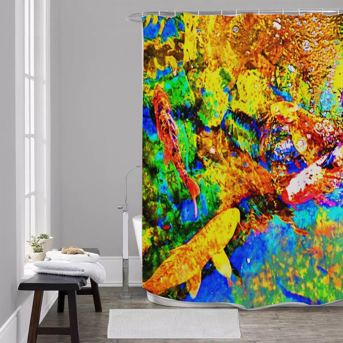 Rainbow Trippy Koi Fish Shower Curtain for Colorful Bathroom Decor