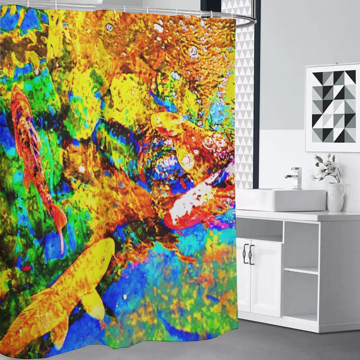Rainbow Trippy Koi Fish Shower Curtain for Colorful Bathroom Decor